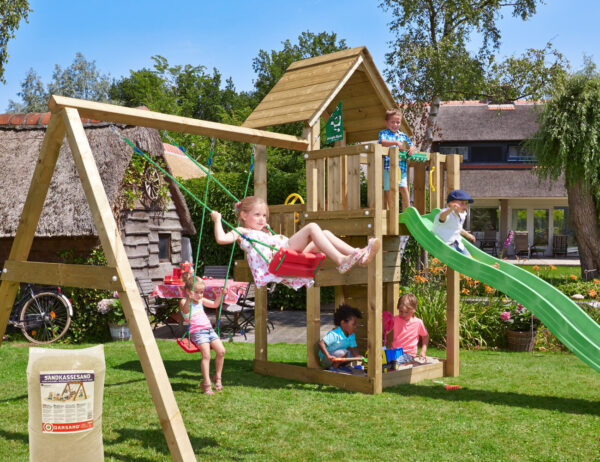 Jungle Gym - Legetårn Jungle Gym Cubby m/2-Swing Module 220, grøn rutschebane og 120 kg sand