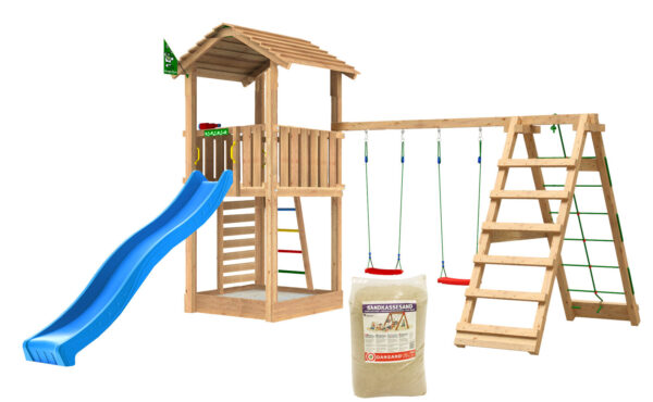 Jungle Gym - Legetårn Jungle Gym Cottage 2.1 m/2-Climb Modul 220, blå rutschebane og 120 kg sand